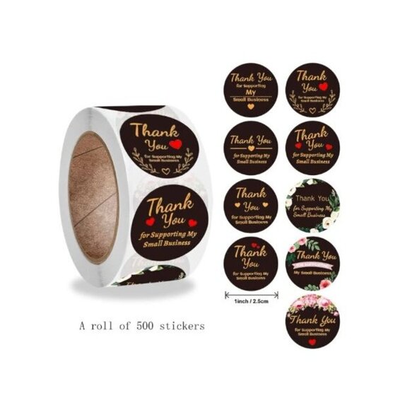 1000 Thank You Black Sticker Labels 9 Designs Roll Round 1 inch 500x2 - Picture 1 of 3